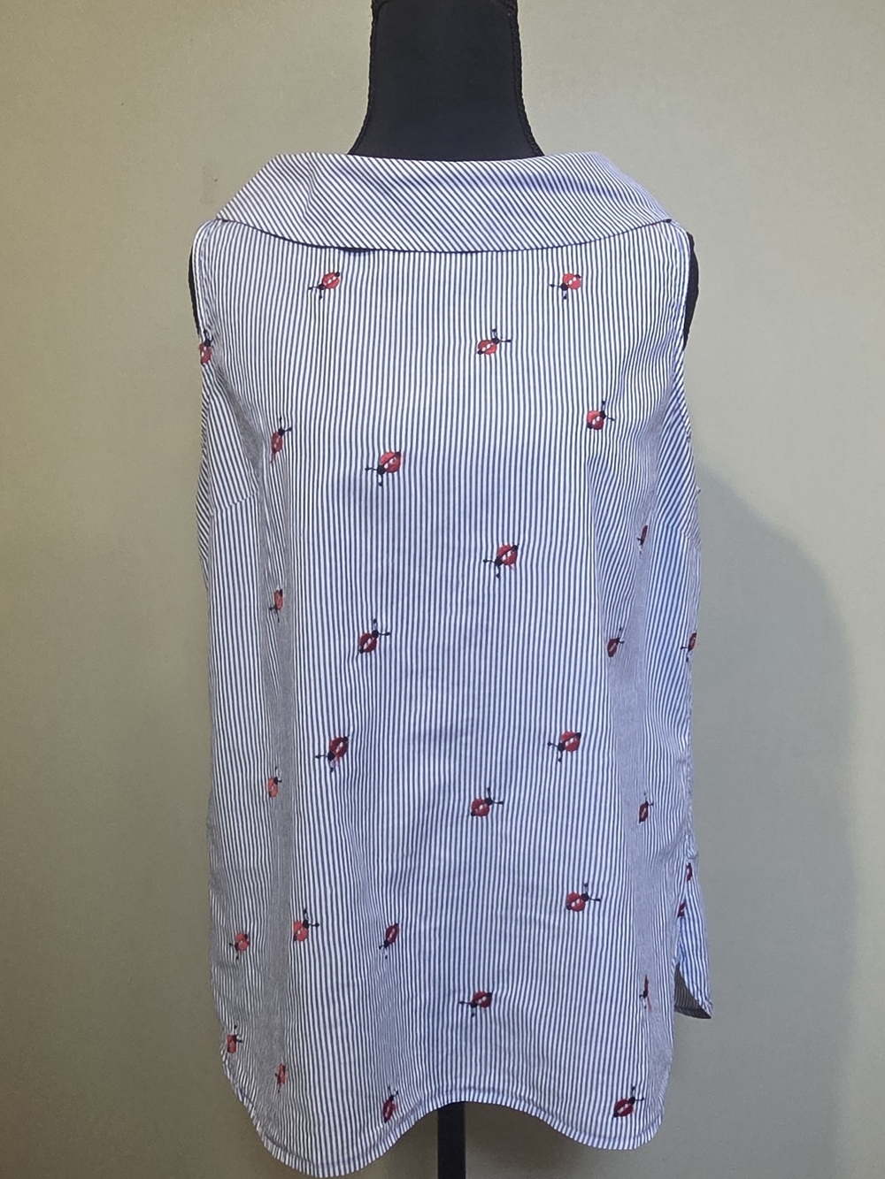 Talbots Striped Blue & White Sleeveless Shirt with Red Embroidery